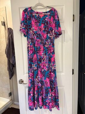 Lilly Pulitzer Teal Maxi Dress with Hot Pink Floral Print